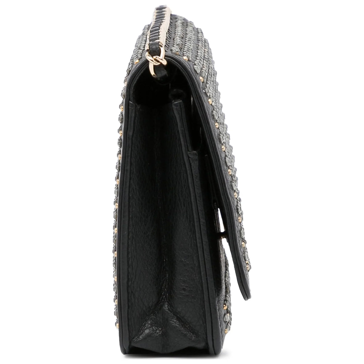 Pre-Owned Authenticated Chanel Studded Wallet on Chain Calf Leather Black Crossbody Bag Unisex (Good)
