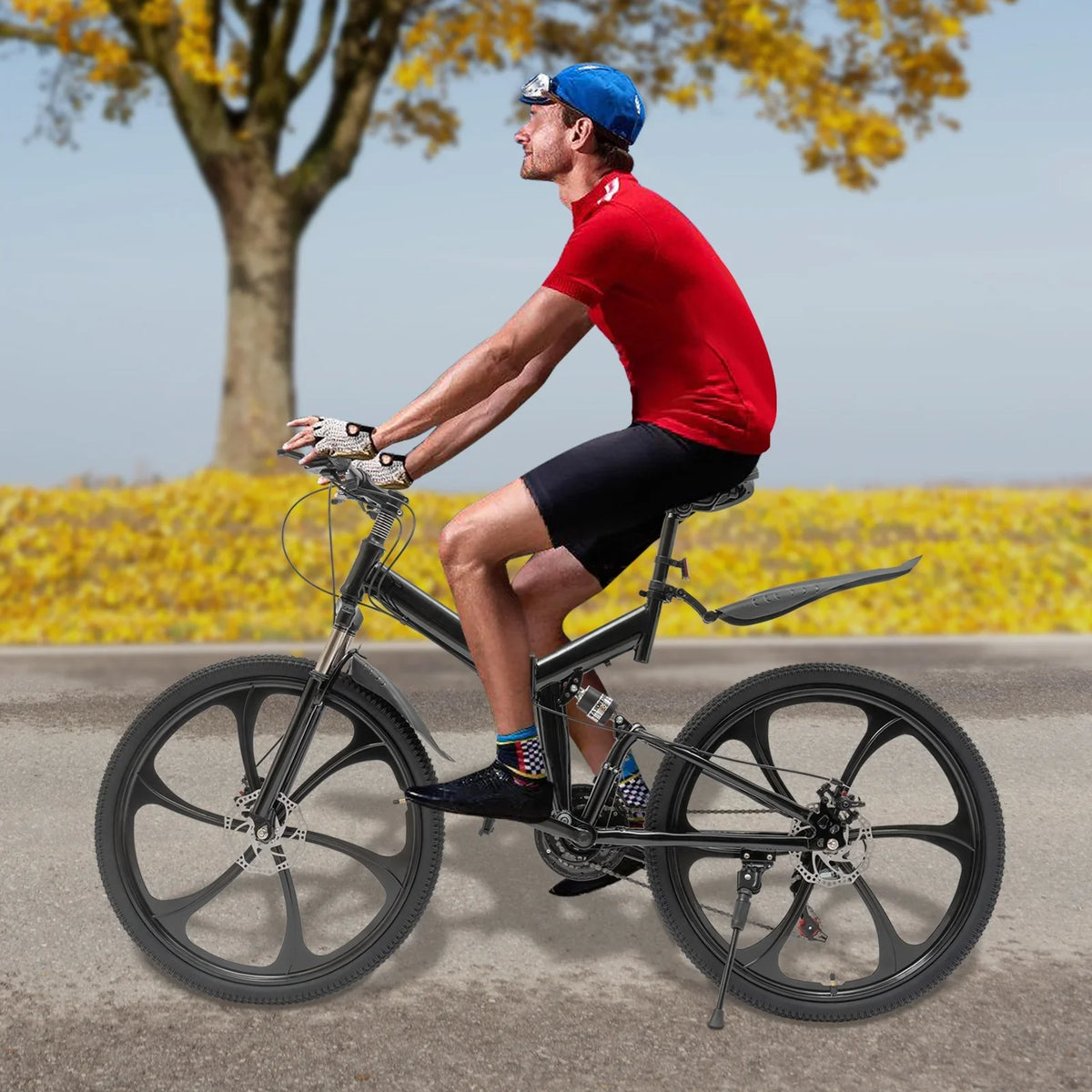 Folding Mountain Bike, 26" 21-Speed Height Adjustable Steel Frame Shifter City Bicycle for Men & Women Double Disc Brake Black