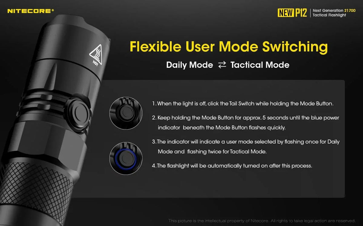 Nitecore New P12 Version  Flashlight - 1200 Lumens w/NL2150HPR Battery,  Cord, Offset Mount, RSW3 Pressure Switch,  and  3Amp Wall Adapter