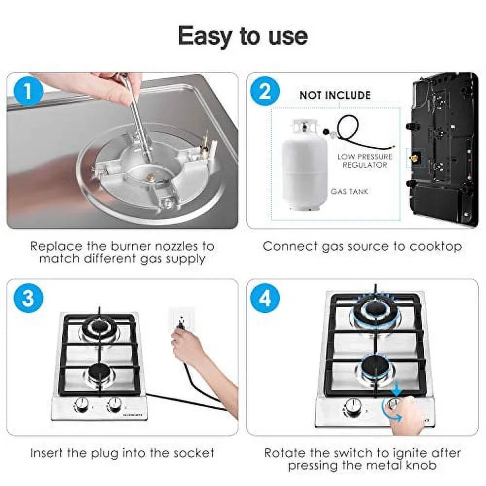 Gas Stove Gas Cooktop 2 Burners,12 Inches Portable Stainless Steel Built-in Gas Hob / Dual Fuel Easy to Clean for RVs, Apartments, Outdoor