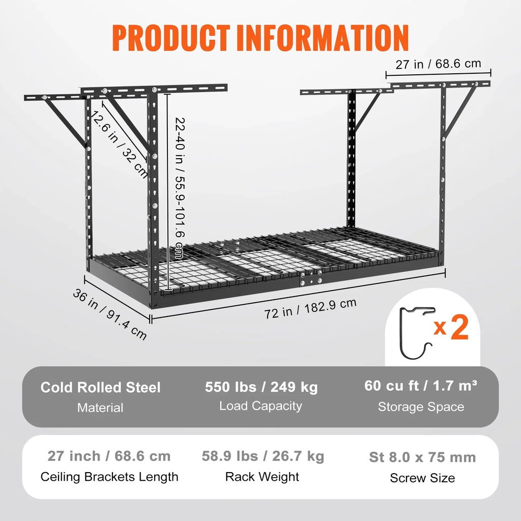 Overhead Adjustable Garage Storage Rack 36x72" Ceiling Rack 550 lbs Black