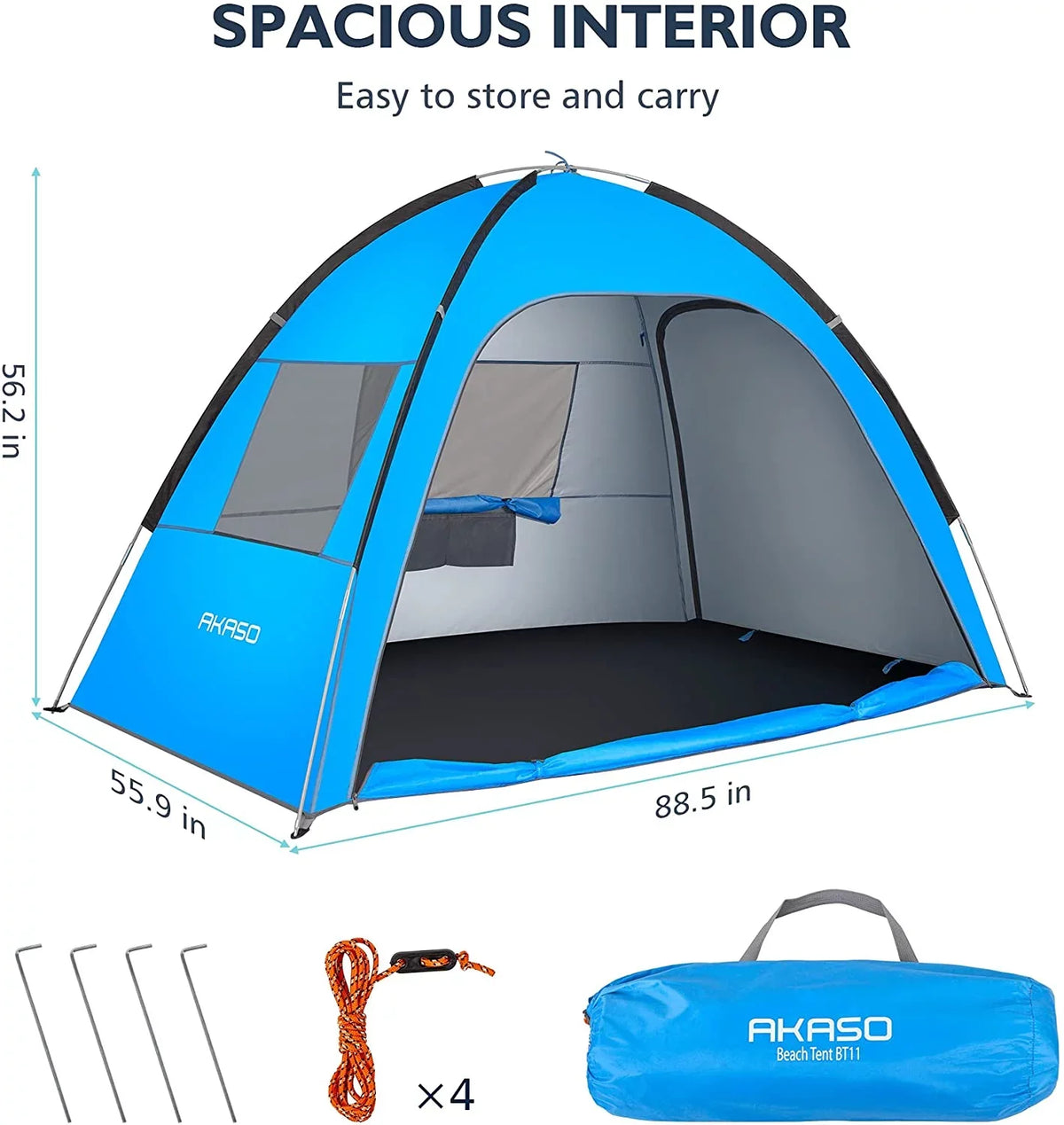 Beach Tent for 3-4 Person,  50+ Assemble 7.4' x 4.7' Beach Tent, Blue