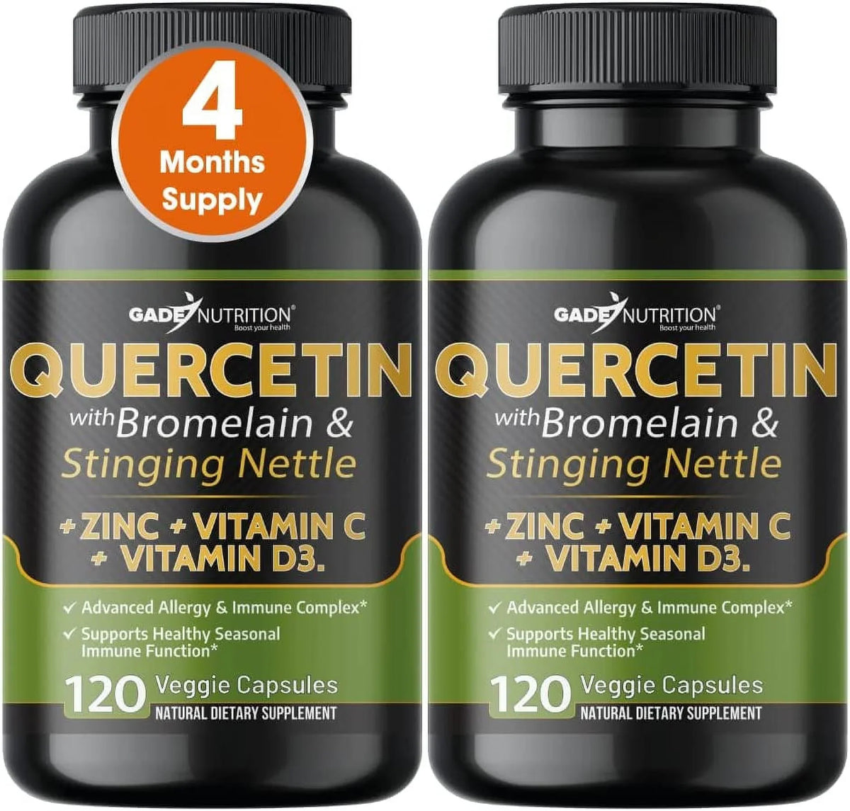 Quercetin with Vitamin C and Zinc - Nettle Quercetin - Quercetin 500mg - Quercetin with Bromelain - Zinc Quercetin + Vitamin D3 - 240 Veggie Caps - (Non-, Gluten-Free, Vegan) 4 Month Supply