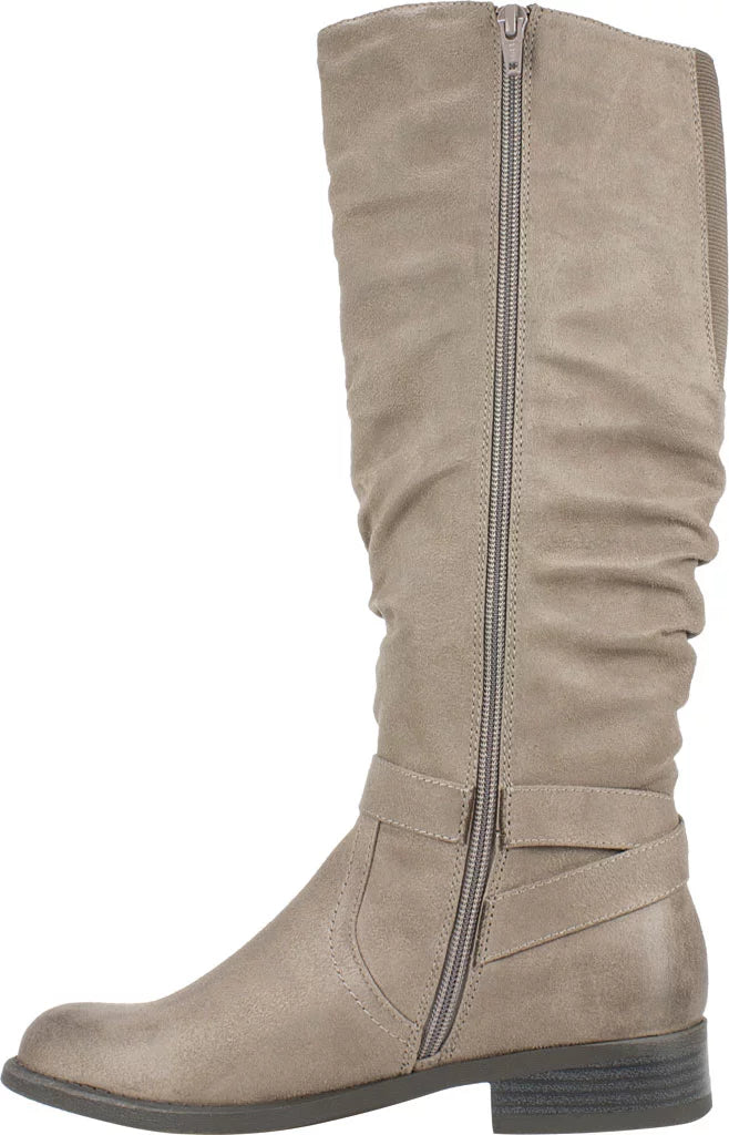 Womens Beige Studded Stretch Gore Cushioned Wide Calf Ruched Buckle Accent Liona Round Toe Block Heel Zip-Up Riding Boot 5 M