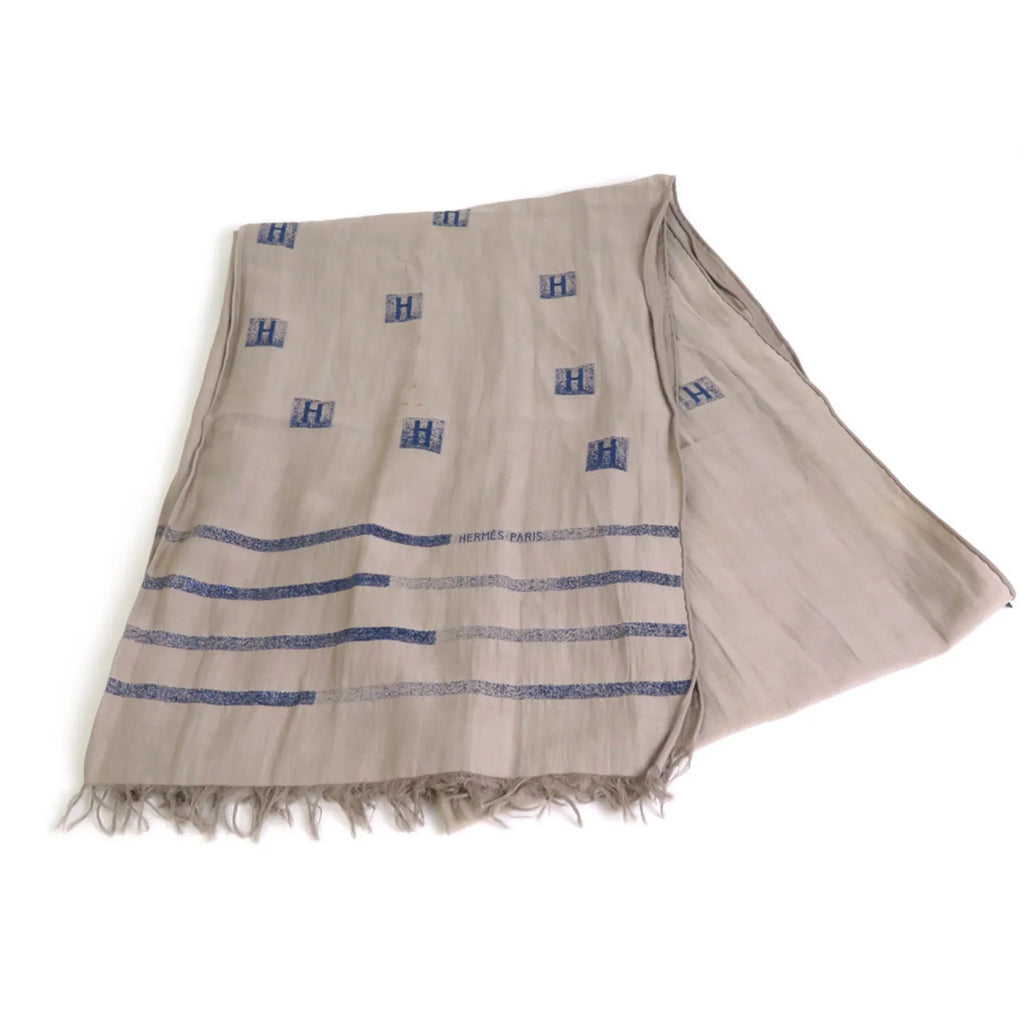 Pre-Owned Hermes  Shawl Scarf H Logo Cotton/Silk/Polyester Greige/Blue Unisex e55881a (Good)