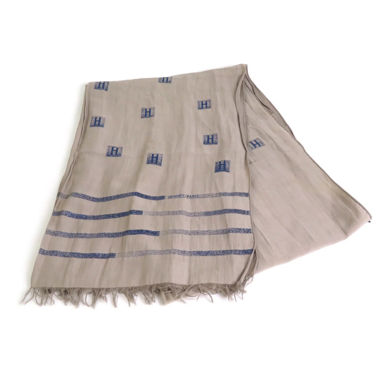 Pre-Owned Hermes  Shawl Scarf H Logo Cotton/Silk/Polyester Greige/Blue Unisex e55881a (Good)
