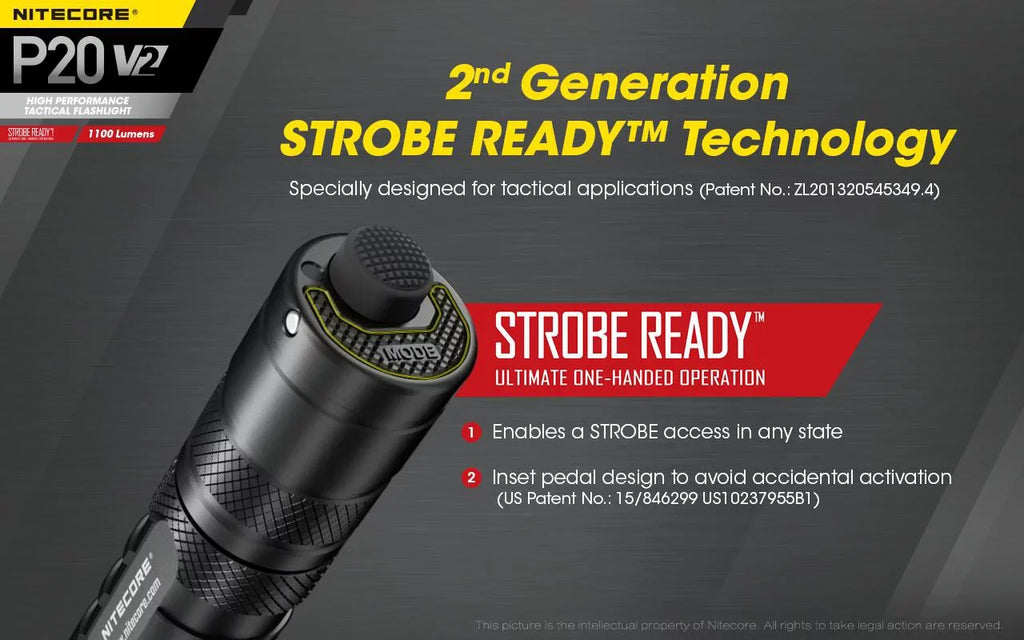 Combo: Nitecore P20 V2 Tactical  Flashlight -  -L2 V6 - 1100 Lumens w/NL189 Battery, D2 Charger +2x Free Eco-Sensa CR123A Batteries