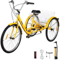 Vevor  7-Speed 3 Wheel Adult Tricycle 24 in. Yellow Trike Bicycle Bike with Large Basket for Riding