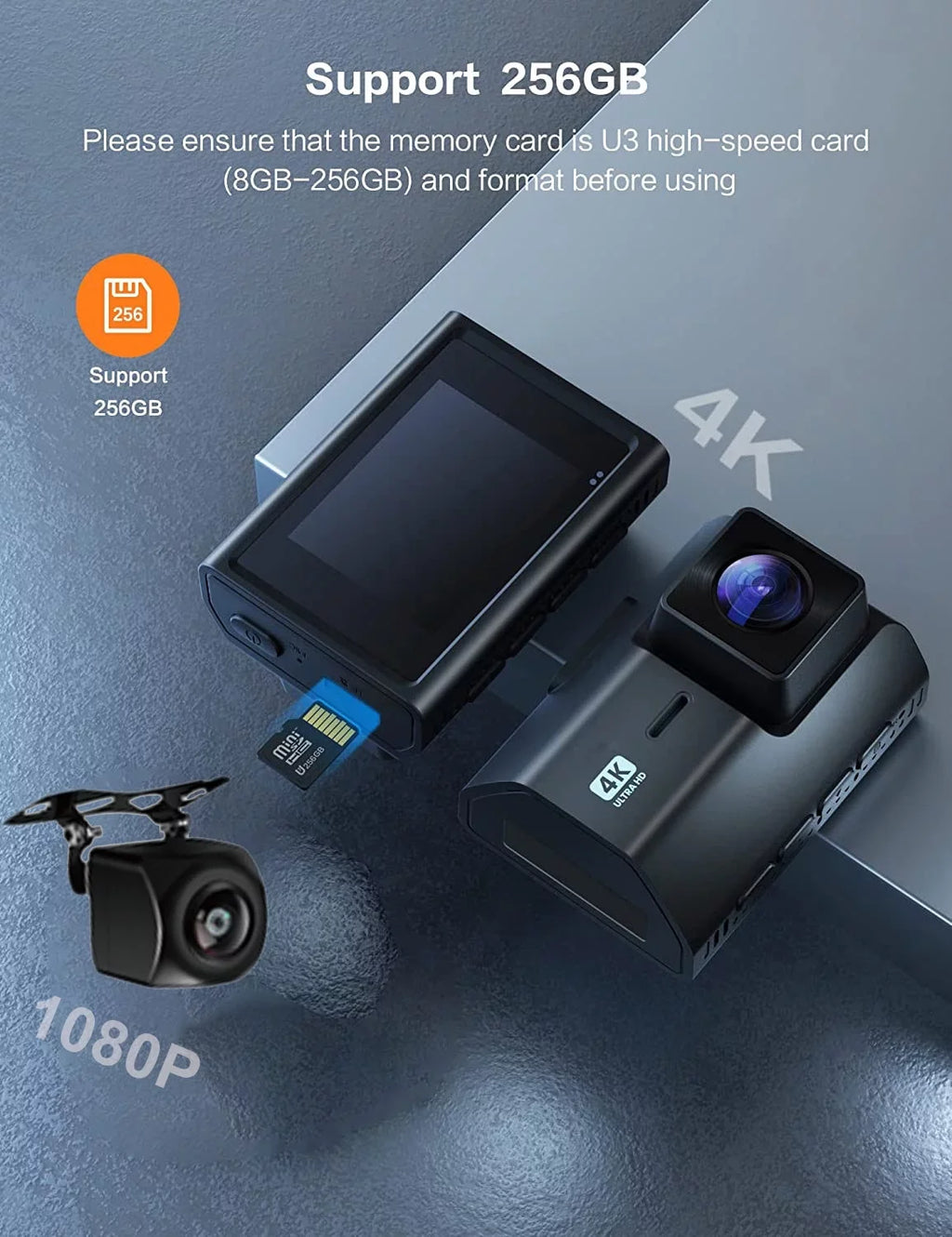 4K Front and Rear Dash Cam for Cars, Dual Dash Cam with  Card, 2 Inch Dash Camera with  , Night Vision, Loop Recording, Parking Mode, Wide Angle, 64GB  Card Included
