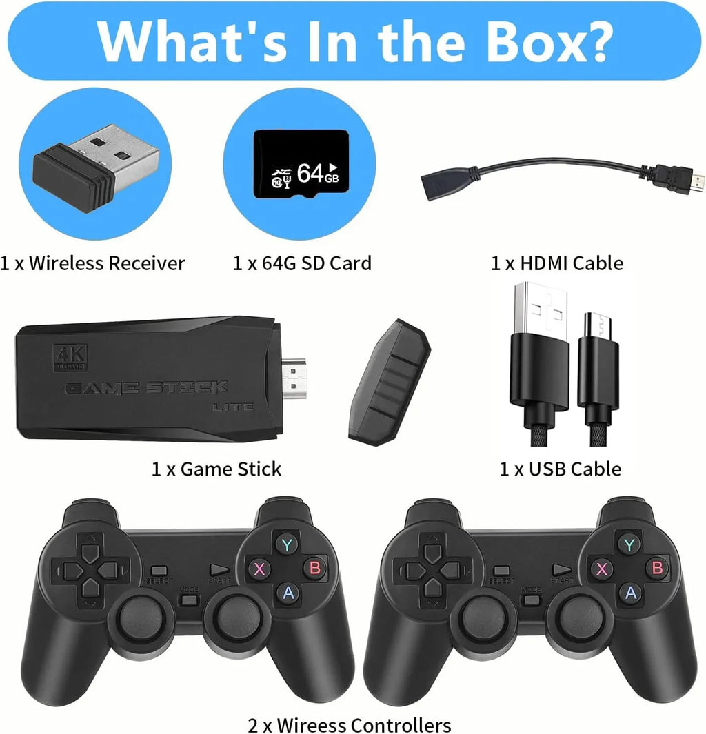Retro Game Stick - Retro Game Console Revisit Classic Games with Built-in 9 Emulators, 20,000+ Games, 4K  Output, and 2.4GHz Wireless Controller for  Plug and Play(64G)