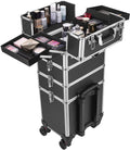 4 in 1 Makeup Rolling Train Case Aluminum Trolley Professional Cosmetic Organizer Box with Shoulder Straps 2 Keys Black(Cosmetic are not included)