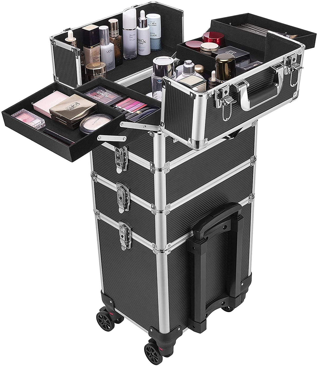 4 in 1 Makeup Rolling Train Case Aluminum Trolley Professional Cosmetic Organizer Box with Shoulder Straps 2 Keys Black(Cosmetic are not included)