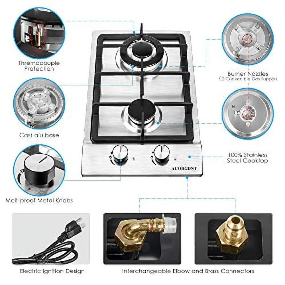 Gas Stove Gas Cooktop 2 Burners,12 Inches Portable Stainless Steel Built-in Gas Hob / Dual Fuel Easy to Clean for RVs, Apartments, Outdoor