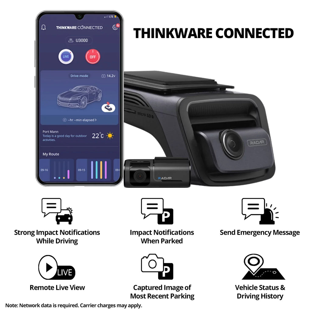 U3000 Ultra 4K Dash Cam Front and Rear 2CH  2 Sensor Super Night Vision Dashcam for Car Camera 5GHZ WiFi  Radar Buffered Parking Mode  Seed Red Light Alerts  Cable