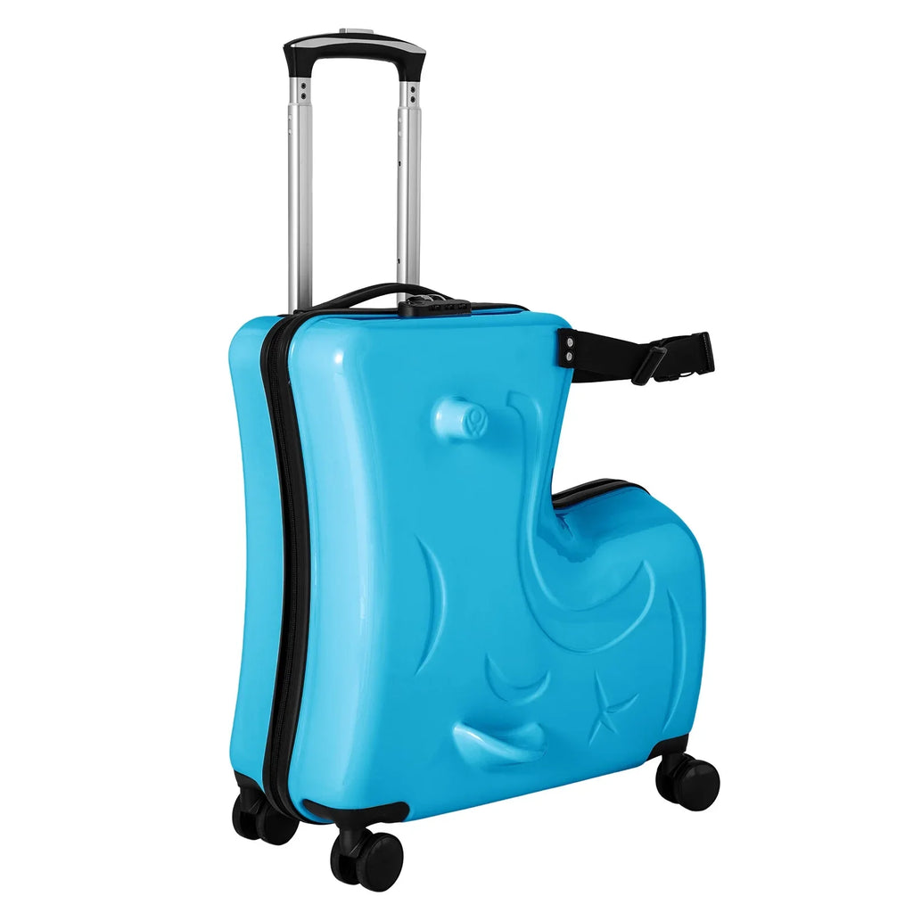 20" Kids Ride On Suitcase, Portable Spinner Wheels Trolley Luggage Blue Horse Shape Kids Travel Suitcase