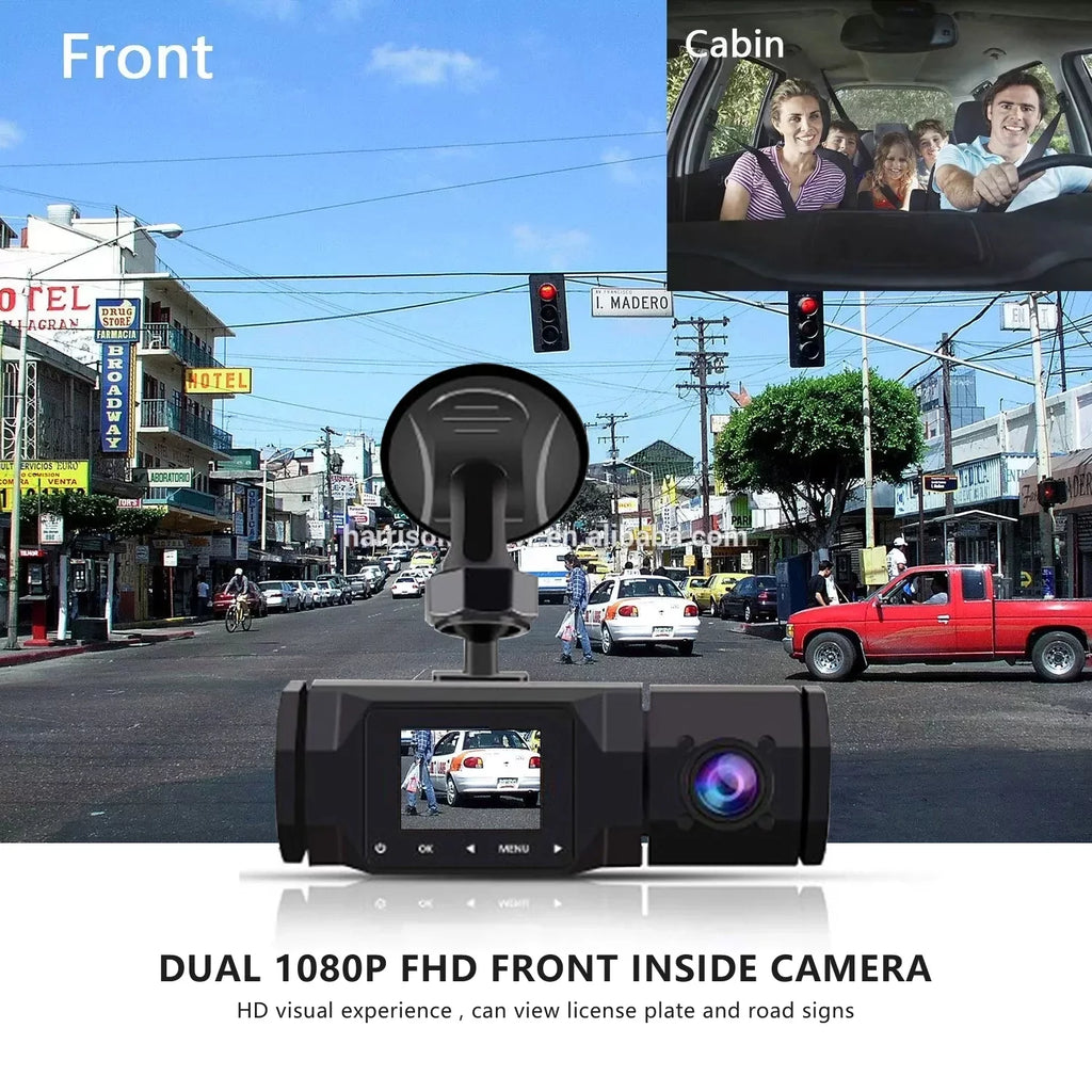 Dual Dash Cam 1080P Front and Cabin Car Dashboard Camera with  Night Vision, 2 Channel Driving Recorder Motion Detection, Parking Monitoring, Accident Locked, Loop Recording, 1.5in