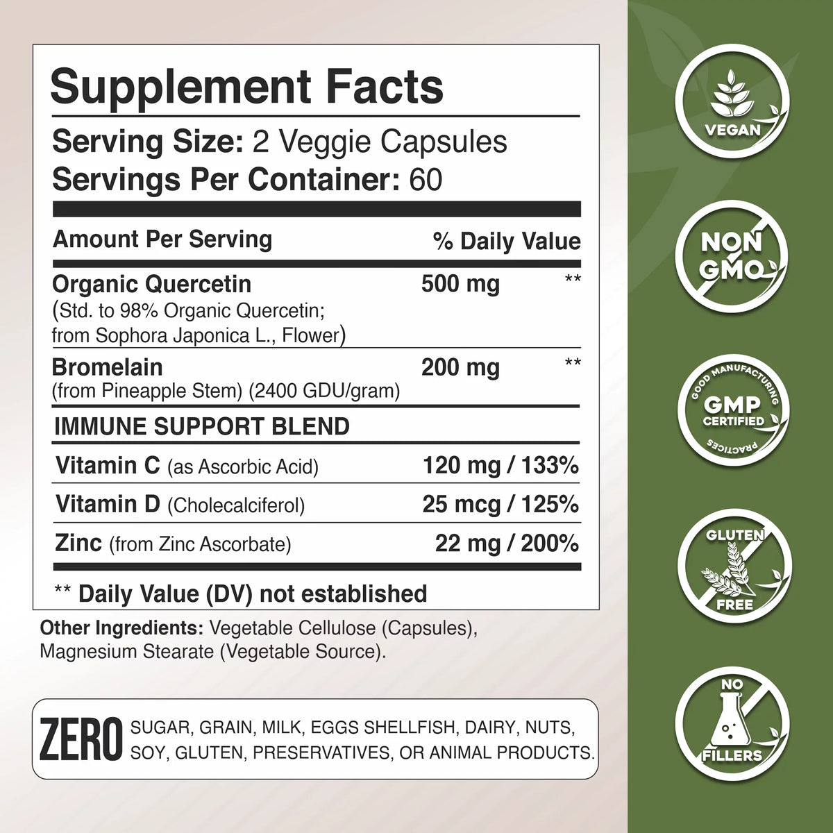 Quercetin with Vitamin C and Zinc - Nettle Quercetin - Quercetin 500mg - Quercetin with Bromelain - Zinc Quercetin + Vitamin D3 - 240 Veggie Caps - (Non-, Gluten-Free, Vegan) 4 Month Supply