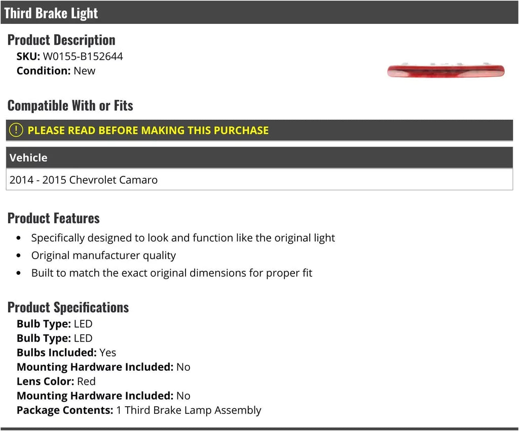 3rd Third Brake Light Lens -  - Compatible with 2014 - 2015 Chevy Camaro