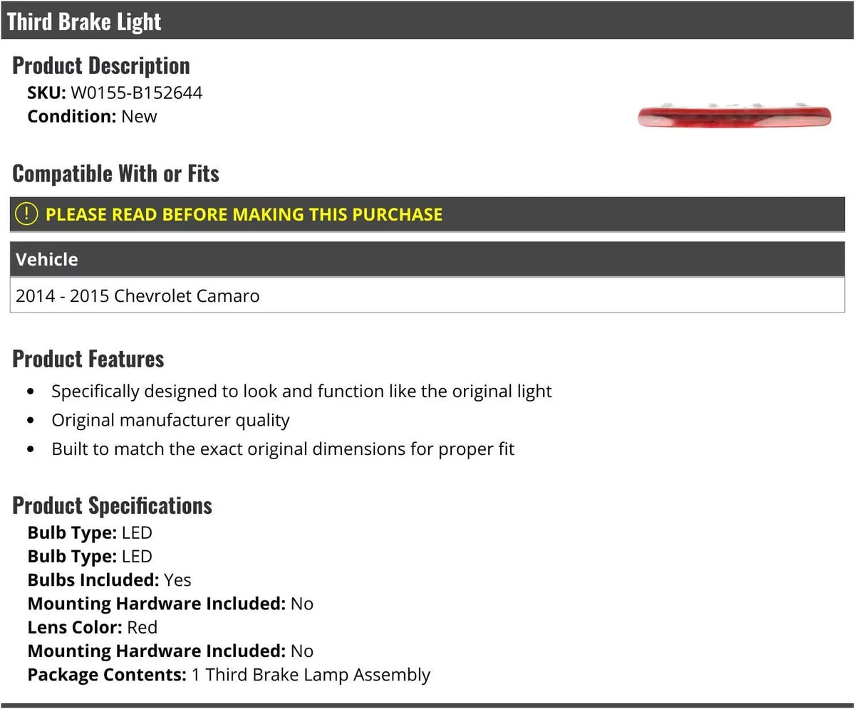 3rd Third Brake Light Lens -  - Compatible with 2014 - 2015 Chevy Camaro
