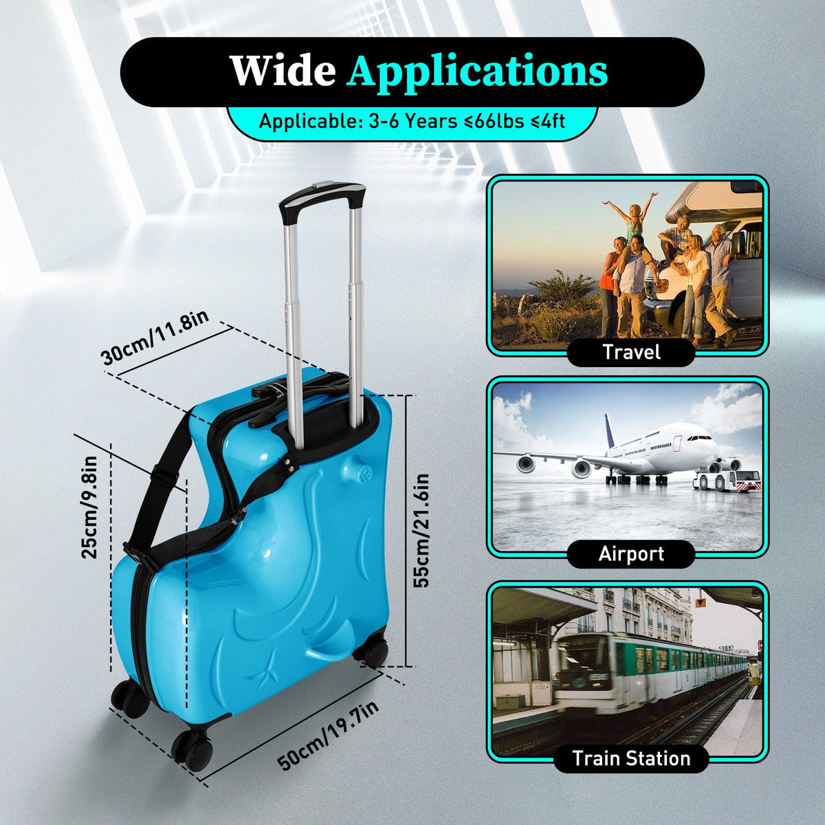 20" Kids Ride On Suitcase, Portable Spinner Wheels Trolley Luggage Blue Horse Shape Kids Travel Suitcase
