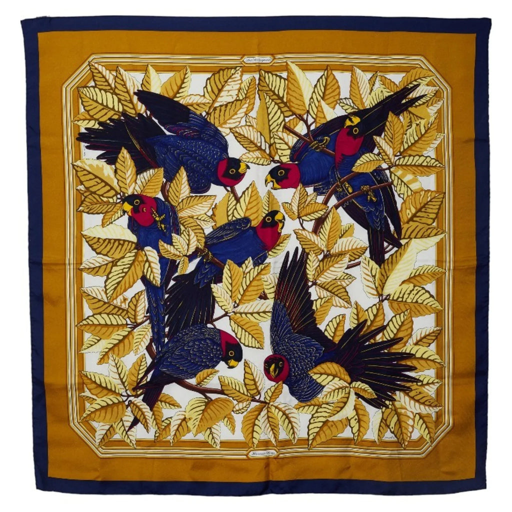 Pre-Owned Hermes Carre90 Les Perroquets detail Bird Parrot Scarf Muffler Gold Navy Silk Ladies  (Good)