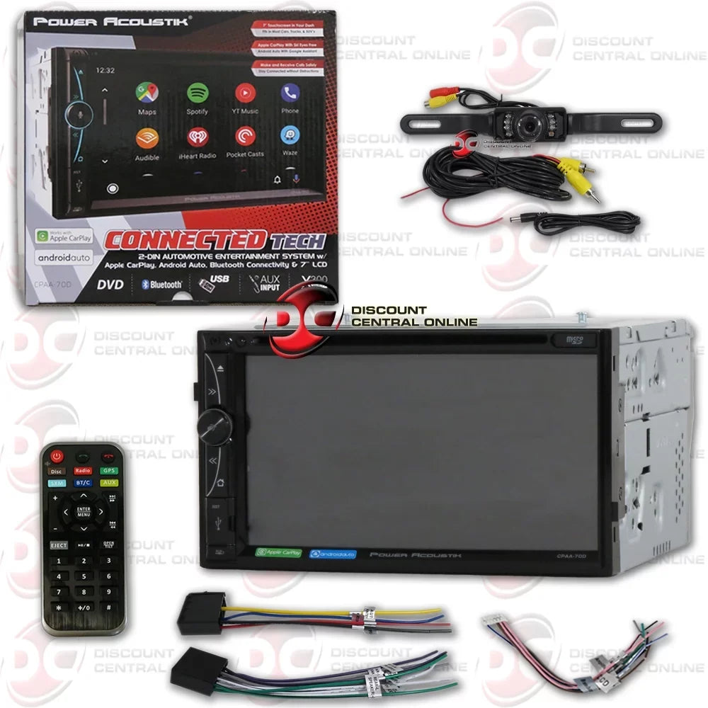 Power Acoustik -70D 2-din 7" Dvd Cd Stereo Bluetooth W/ Apple Carplay & Android Auto with DiscountCentralOnline HL09 Waterproof Nightvision back-up camera