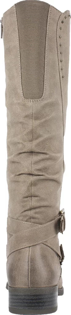 Womens Beige Studded Stretch Gore Cushioned Wide Calf Ruched Buckle Accent Liona Round Toe Block Heel Zip-Up Riding Boot 5 M