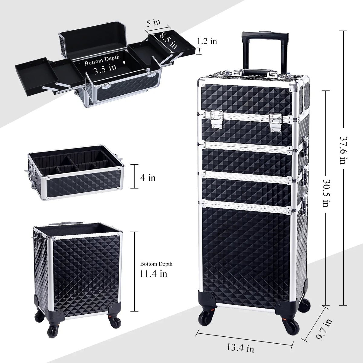 Joligrace 4 in 1 Aluminum Rolling Makeup Case with Wheels Cosmetic Train Case Trolley Box Salon Barber Case