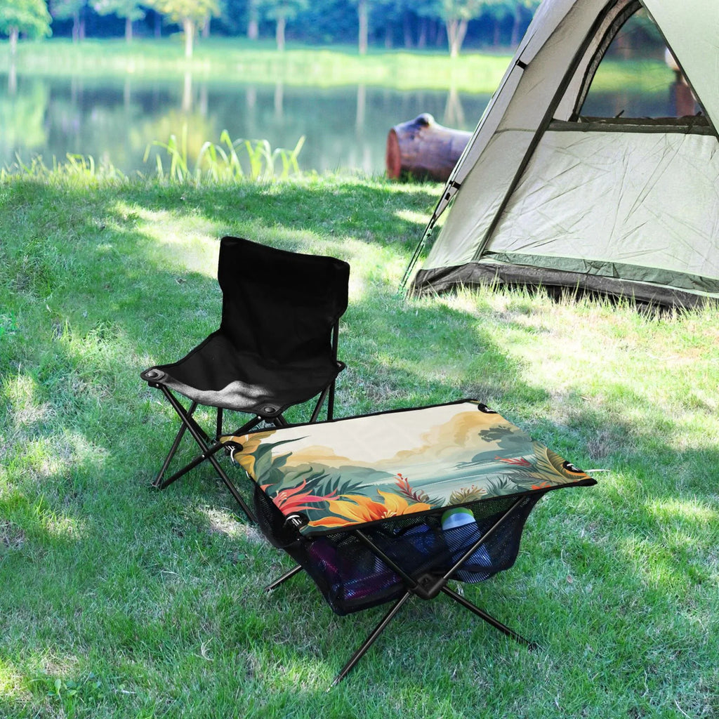 Palm Leaves Landscape Camping Folding Table Portable Beach Table with Storage Bag Compact Picnic Table for Outdoor Travel Fishing