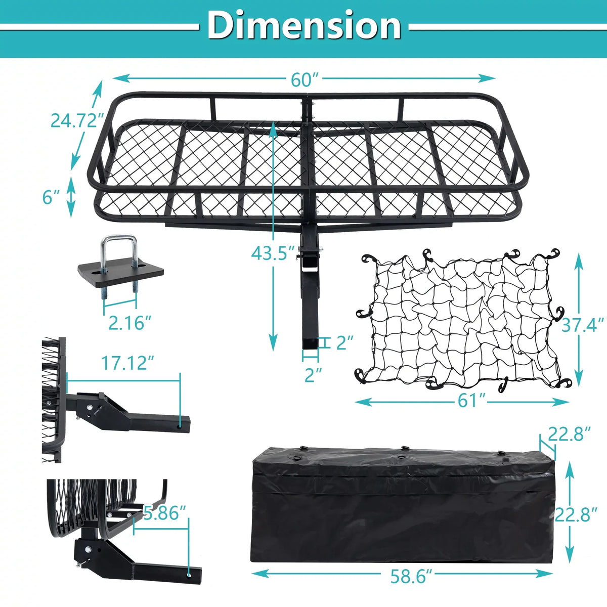 60" x 24" x 6" Hitched Mounted Folding Cargo Basket with Cargo Net, 500lb Capacity for Car  Truck Trailer, Black