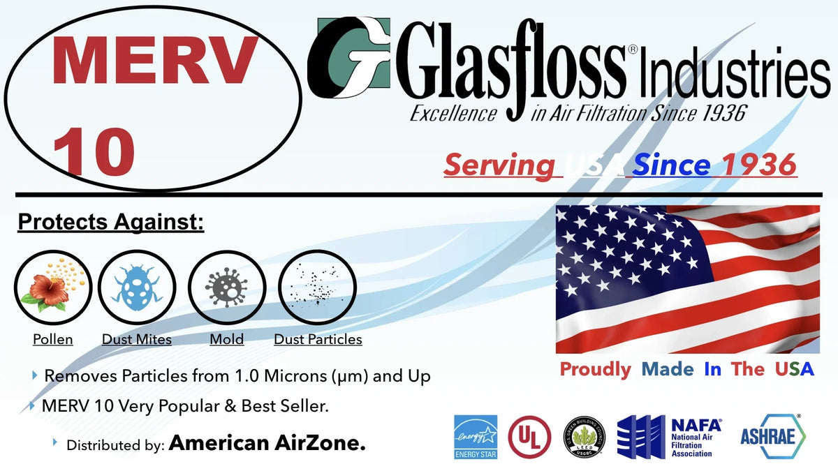 Glasfloss Air Filter 18x20x2 - 2"  10 - (Pack of 12) - Pleated  or  Air Filter - Furnace Air Filter - Home or Office - Made In The .
