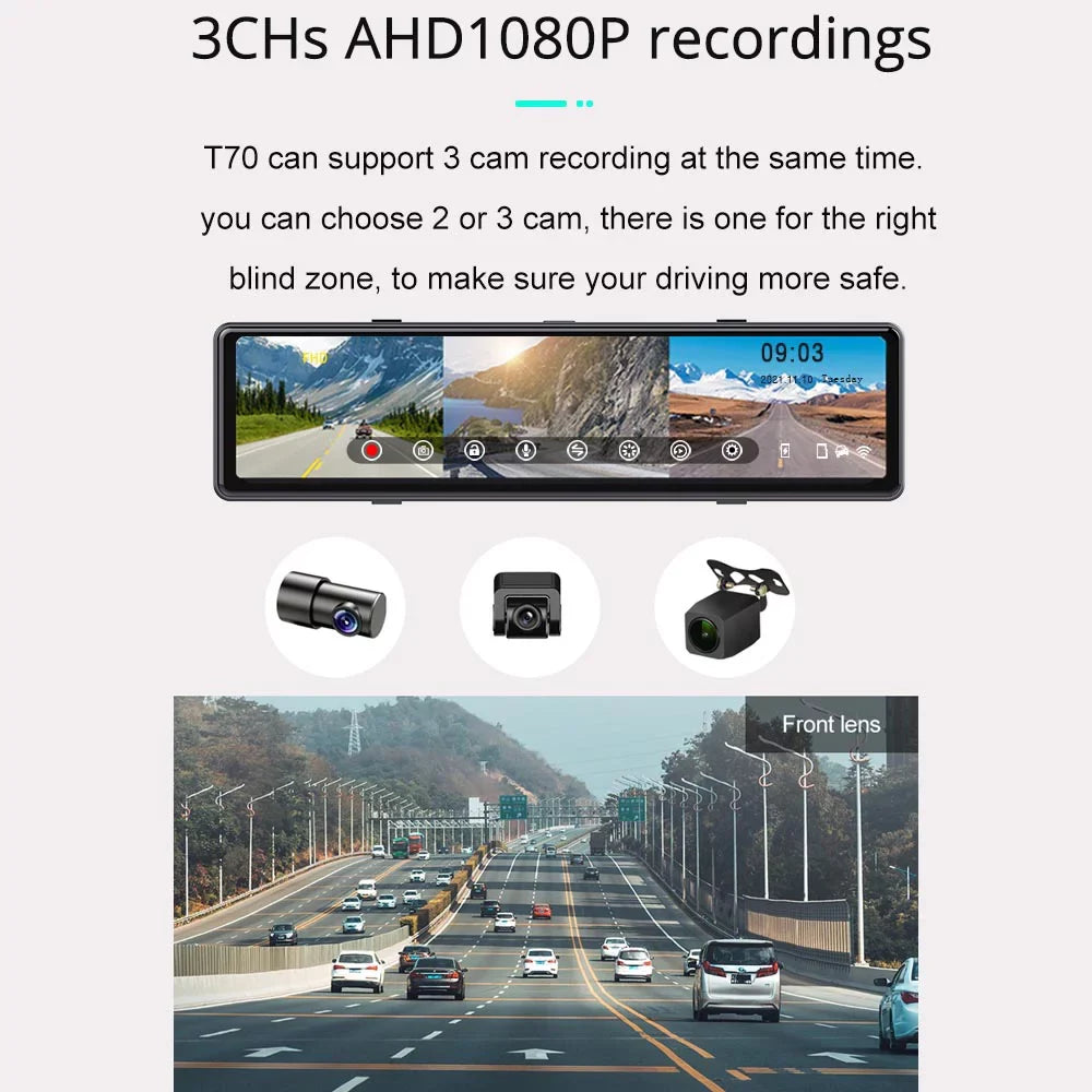Dash Cam 3 Cameras with  CarPlay and Android Auto, 11.26"  Touch Screen with Bluetooth, Wireless Portable Car , Reversing Camera