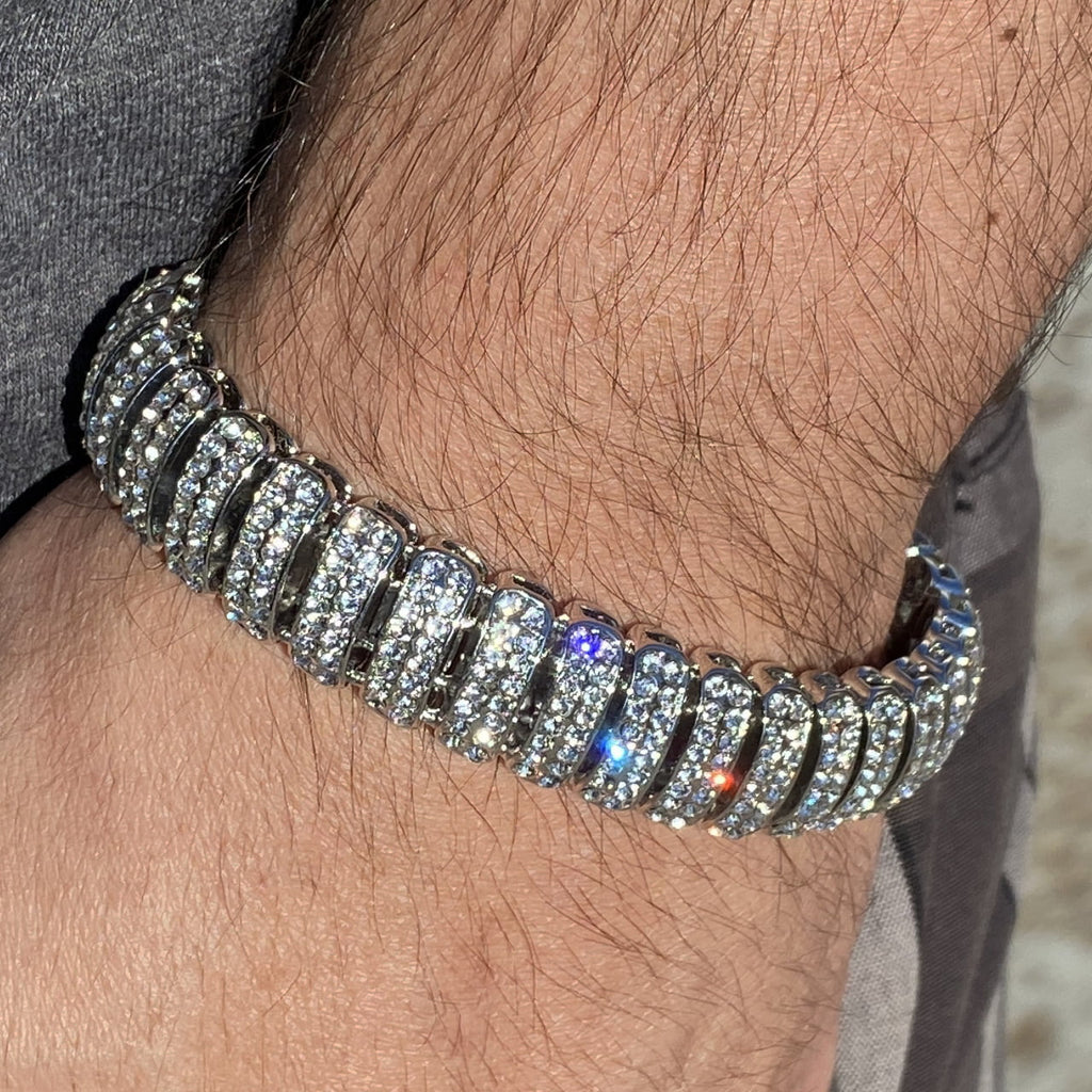 Mens Hip Hop Bracelet Micro Pave Iced Box Lock Silver Tone Bling Out 8.5" Inch x 16MM Thick