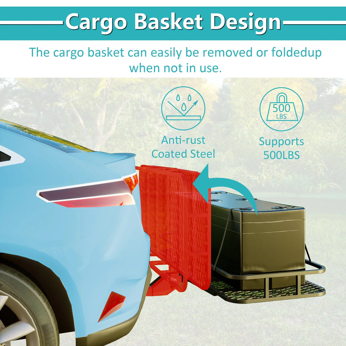 60" x 24" x 6" Hitched Mounted Folding Cargo Basket with Cargo Net, 500lb Capacity for Car  Truck Trailer, Black