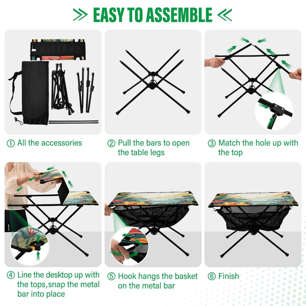 Palm Leaves Landscape Camping Folding Table Portable Beach Table with Storage Bag Compact Picnic Table for Outdoor Travel Fishing
