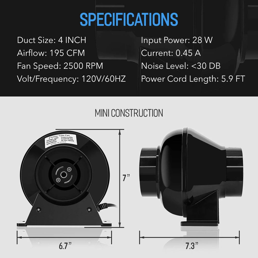 iPower 4 inch 195  Inline Duct Ventilation Fan Air Circulation Vent Blower for Grow Tent, 4" Lite, Black, 1-Pack
