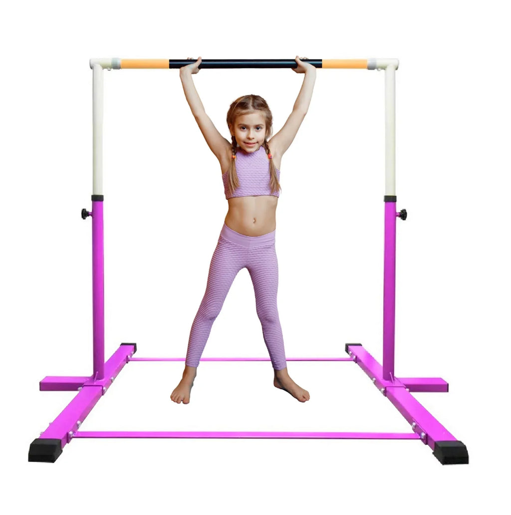 Athletic Bar Expandable Gymnastics Kip Bar for Kids with 6’x4’ Gymnastics Mat and Cushioned Handrail, Height Adjustable 3 to 5  Horizontal Bar, Gymnastic Bar for Junior Gymnasts Training Bar Pink