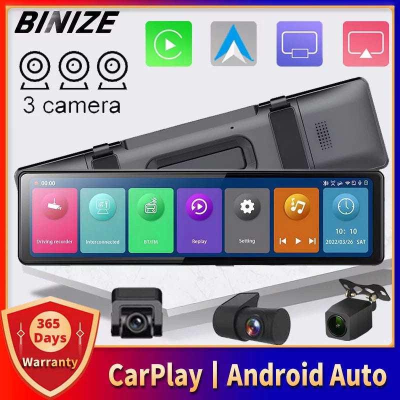 Dash Cam 3 Cameras with  CarPlay and Android Auto, 11.26"  Touch Screen with Bluetooth, Wireless Portable Car , Reversing Camera