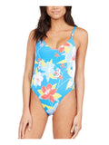Women's Blue Floral Removable Cups Deep V Neck Tie She Just Shines One Piece Swimsuit M