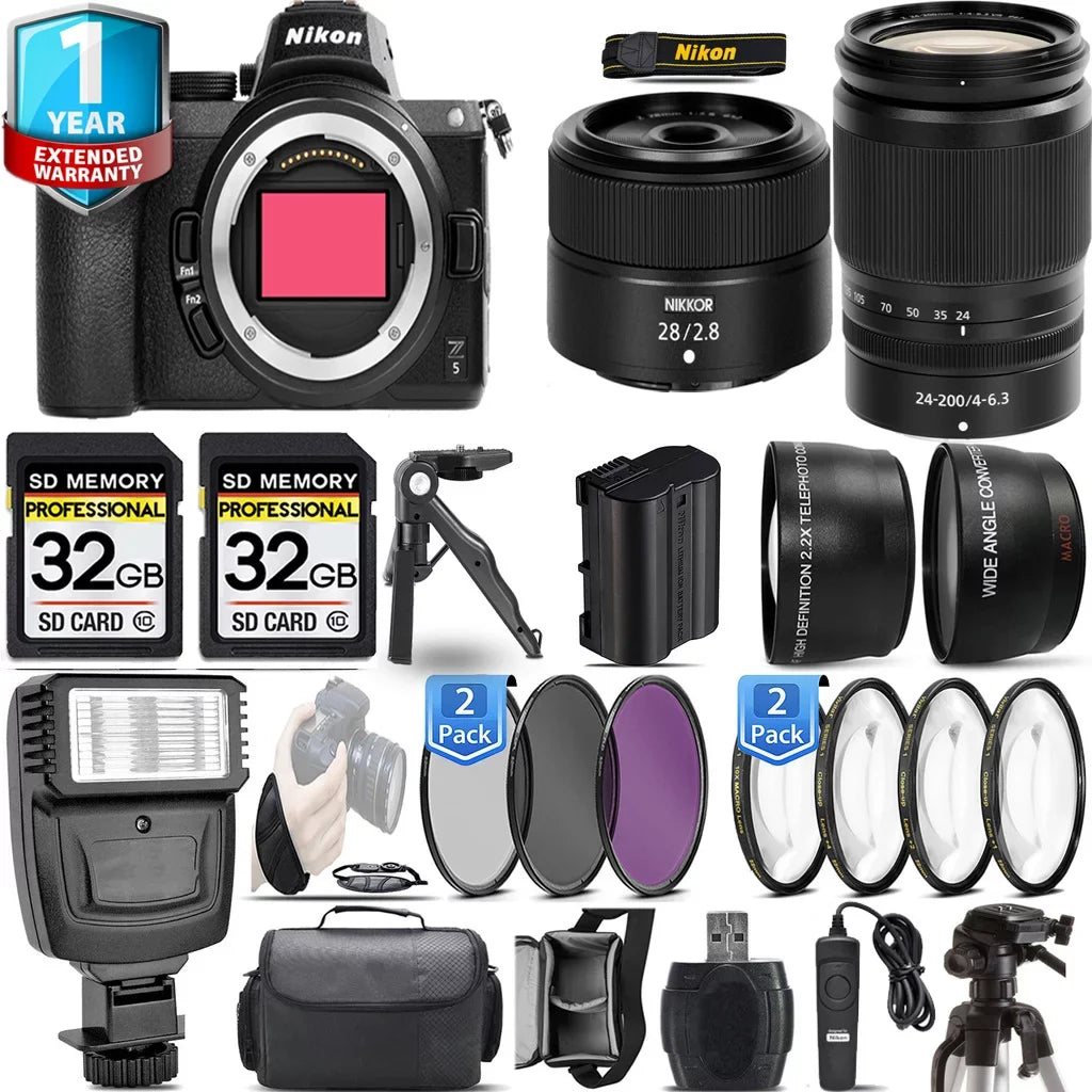 Nikon Z5 Mirrorless Camera with 24-200mm f/4-6.3  Lens + 28mm f/2.8 Lens + Flash + 64GB Kit