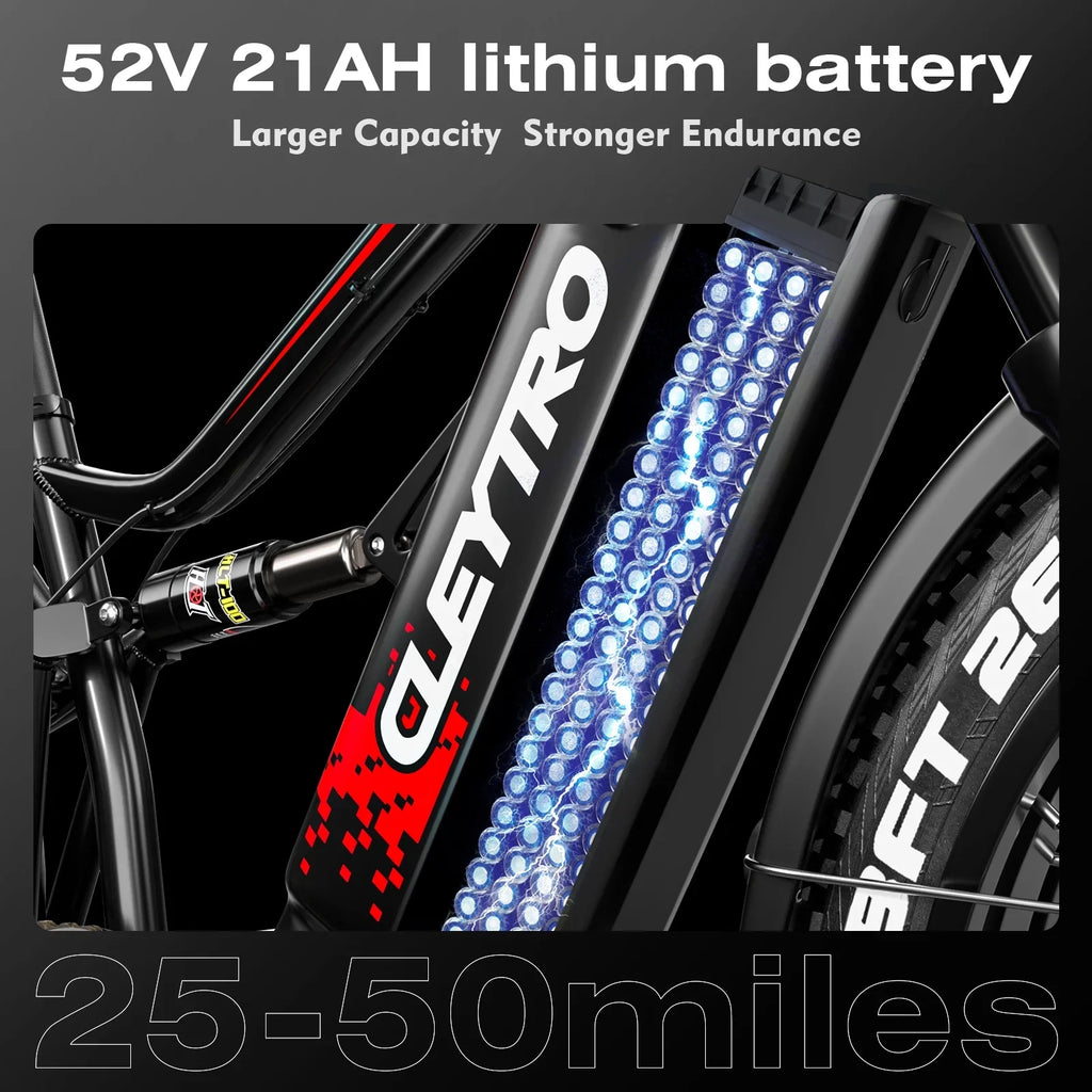 Adult Electric Bike 1500W Electric Bike, 52V 21Ah Removable Battery 26 Inch Fat Tire Off-Road Beach Mountain Electric Bike Full Suspension Dual Hydraulic Disc Brake Commuter Electric Bike 7-Speed Elec