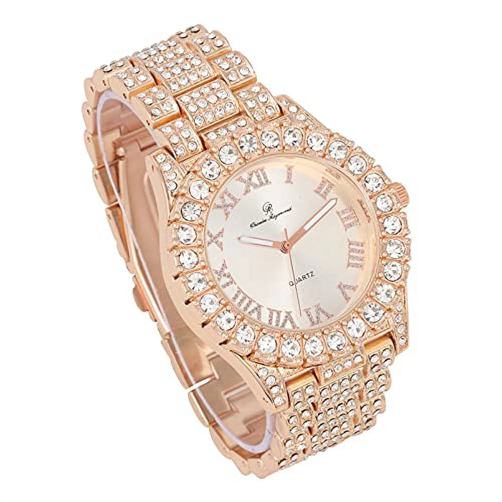 Charles Raymond Mens Silver Big Rocks with Roman Numerals Fully Iced Out Colorful Dial Wristwatch w/Blinged Out Cuban Shiny Silver Bracelet - ST10327  Cuban (Rose Gold)