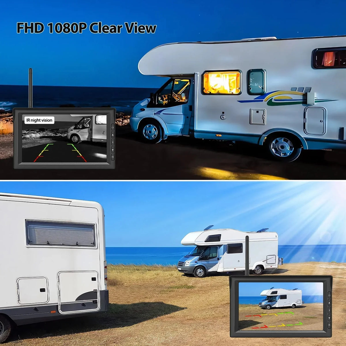 Auto-Vox Solar  Backup Camera 2 Channel Wireless Reverse Camera Systems, 7" Monitor Rear View Back Up Camera for Campervans, Trailer