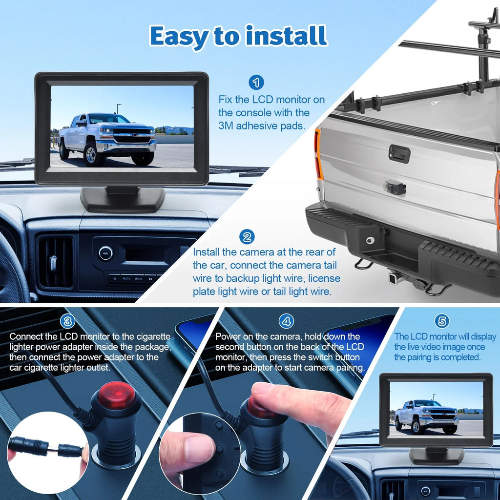 4.3 Inch Wireless Rear View Monitor Kit Backup Camera 720P  Reverse Camera for Car Van Truck Camper Trailer with Parking Guide Lines