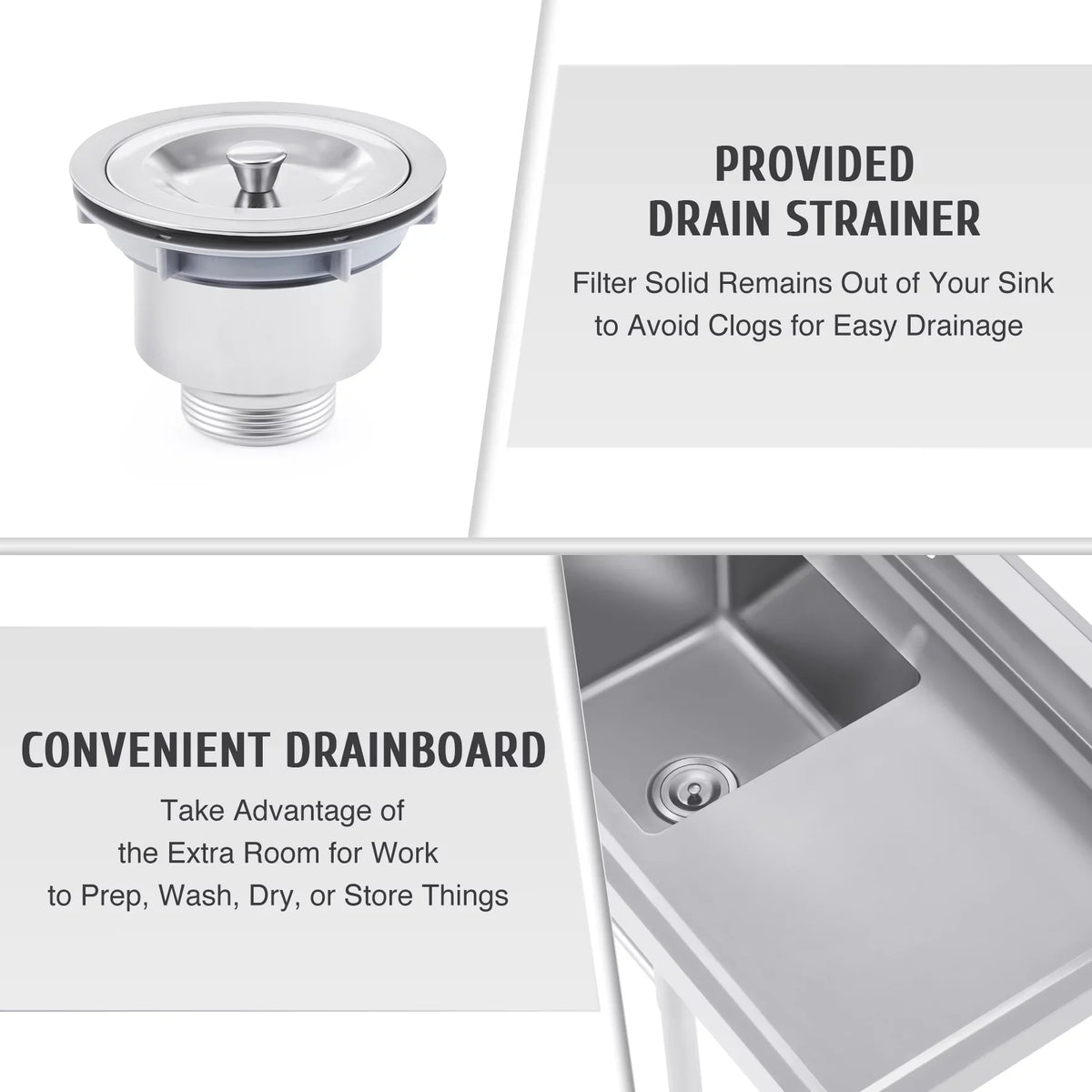 Wilprep Commercial Stainless Steel Utility Sink w Drainboard Strainer Backsplash for Kitchen Bar