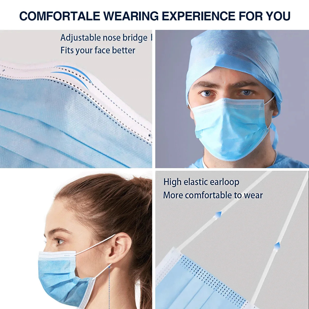 1000Pcs  Made Disposable Face Masks Blue, 3-Ply Breathable Protective Masks