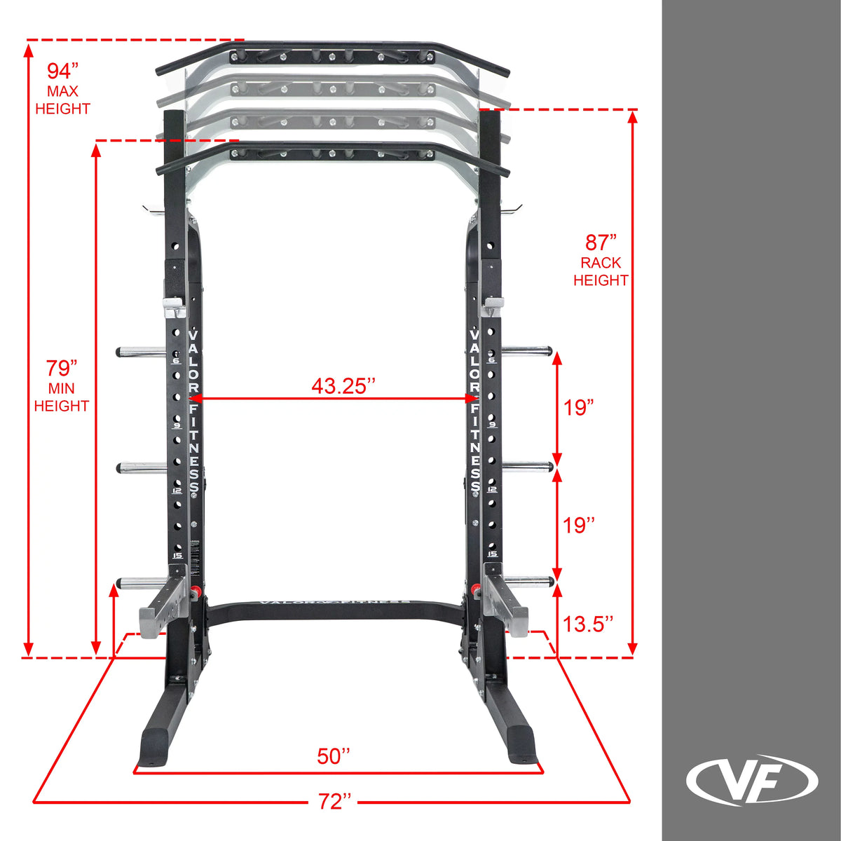 Valor Fitness Half Rack Squat Machine – 5 Position Multi-Grip Pull Up Station - Adjustable Height, Plate & Bar Storage, and Resistance Band Pegs – Max 1000 lbs – Power Rack Equipment --58