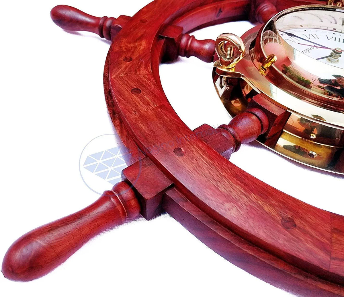 Nagina International Polystone Polished Nautical Brass Porthole Clock Ship Wheel | Pirate's Ocean Home Decor Gift | London Sea's Time (48 Inches)