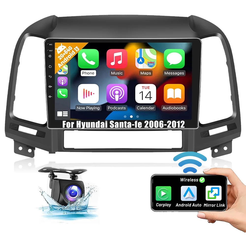 Podofo 2+64G for Hyundai Santa-fe 2006-2012 9'' Car Stereo Radio Wireless Carplay Android Auto Mirror Link Android 13    Bluetooth  Hifi, Backup Camera