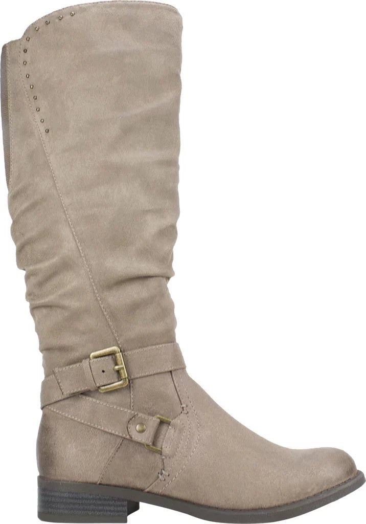 Womens Beige Studded Stretch Gore Cushioned Wide Calf Ruched Buckle Accent Liona Round Toe Block Heel Zip-Up Riding Boot 5 M